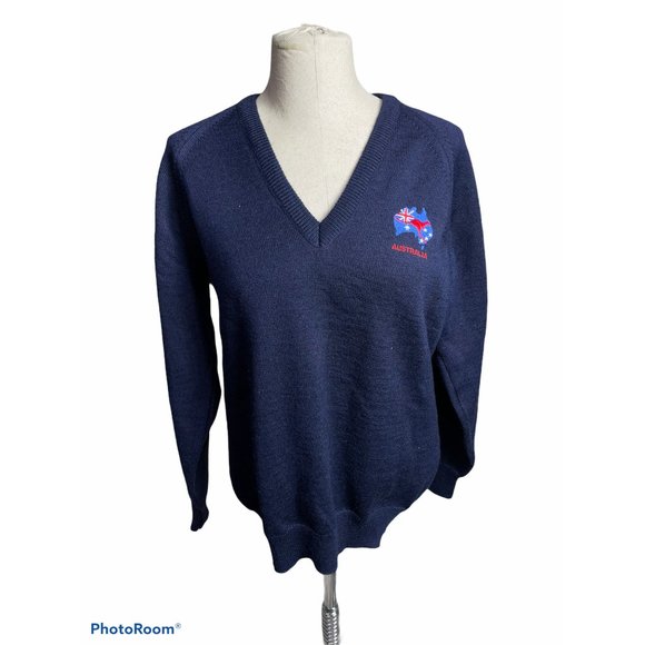 Just Australia Sweaters - Australian Kangaroo Breast Logo Navy Blue V-Neck 100% Wool Sweater size: Medium